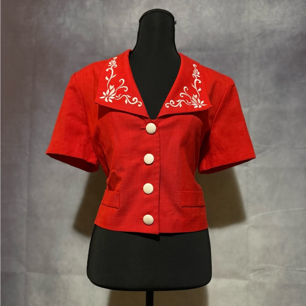 Vintage Periwinkle Red Linen Embroidered Short-Sleeve Blazer